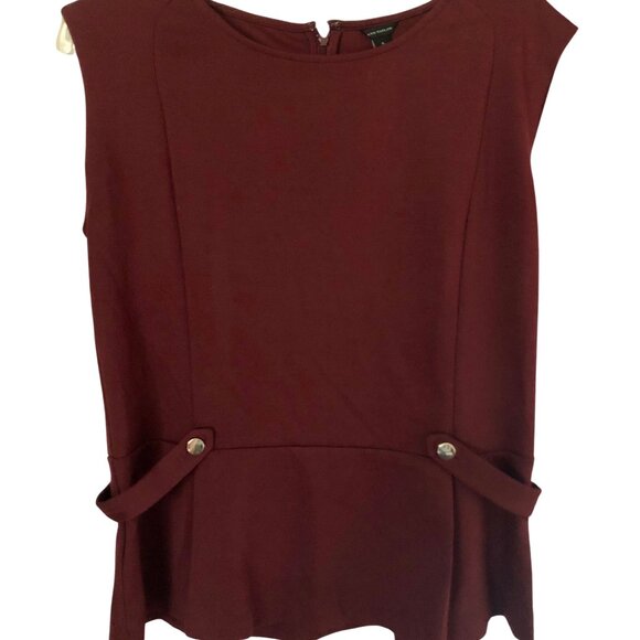 Ann Taylor Burgundy Peplum Shirt Side Tabs Gold Buttons Back Zipper Stretch Top - Picture 1 of 7